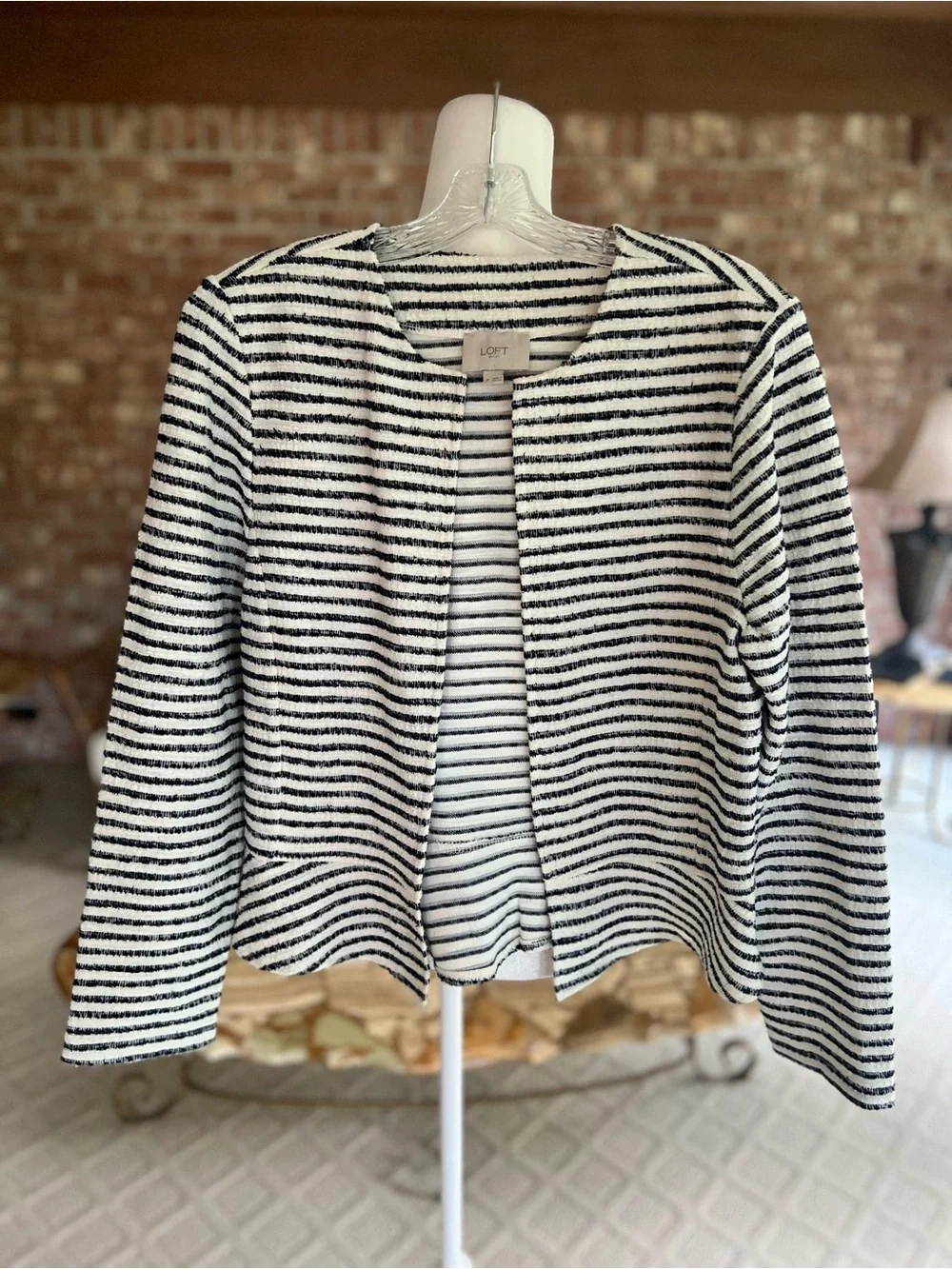 Loft Tweed Open Front Peplum Navy Blue Off White Stripe Blazer M Nautical Preppy
